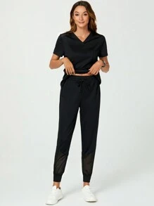 TaskEZ Shein Essnce Women Nurse Uniform Scrubs Summer Solid Color V-Neck Top With Pockets And Short Pants Uniform Set