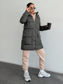 EURMUSE Flap Pocket Drawstring Waist Hooded Puffer Coat - Black - View 4