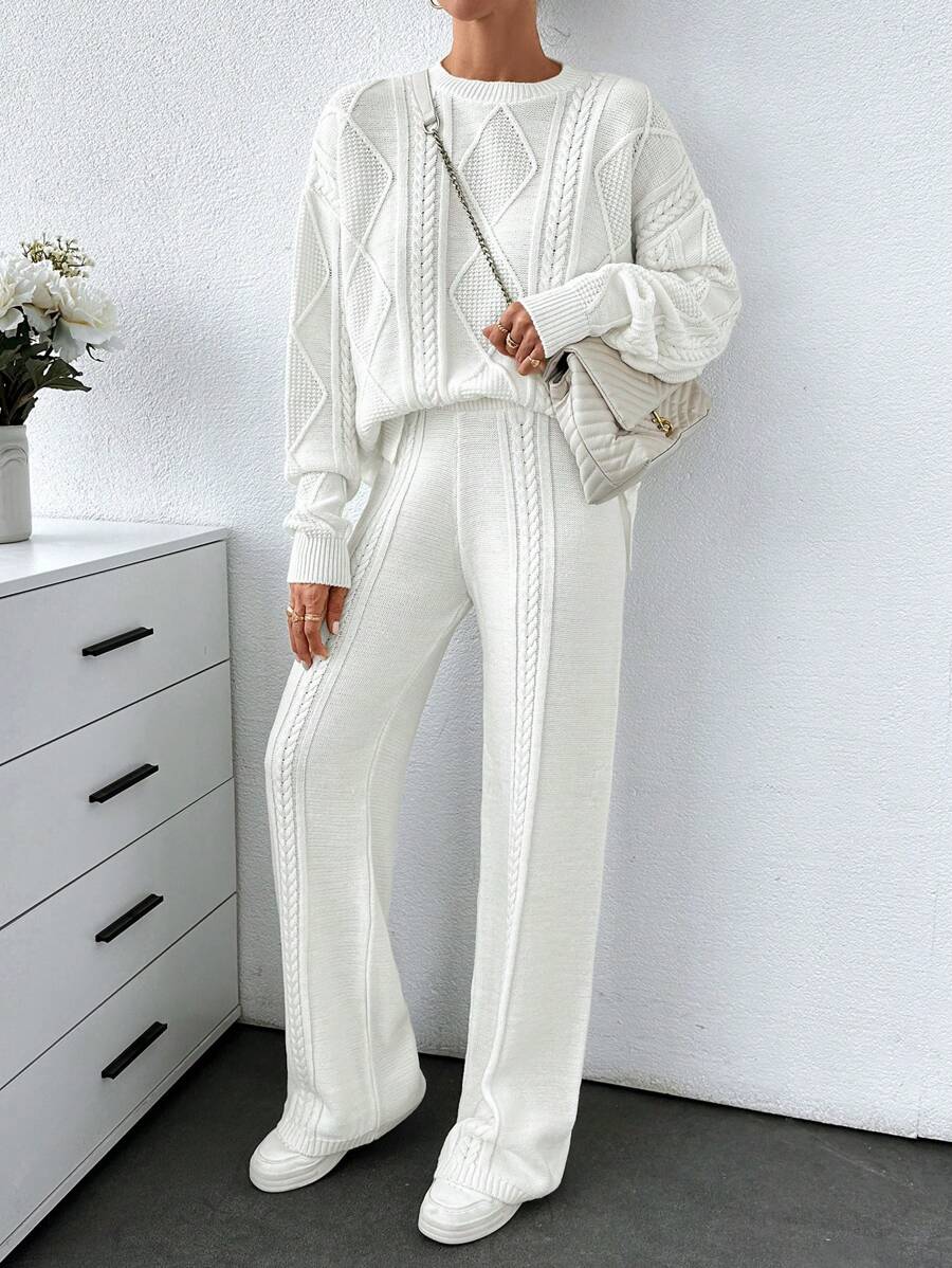 EURMUSE Cable Pattern Sweater And Pant Knitwear Set Casual - White - View 1