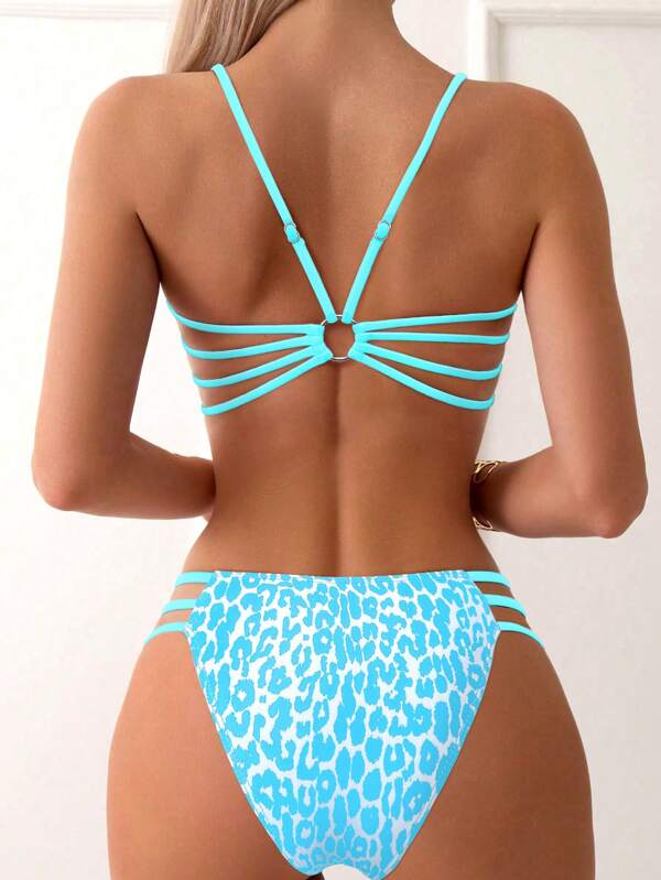 SHEIN Swim Women's Summer Beach Leopard Print Hollow Out Sexy Bikini Set