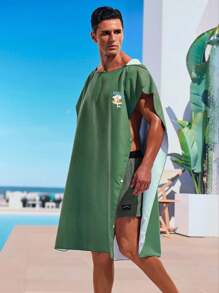 Surfspeed 男式寬鬆鯊魚印花連帽游泳套裝，適用於夏季遮陽衣 - 軍綠色 - 查看 3