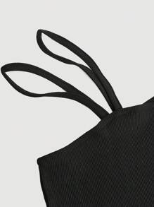 SHEIN Girlism Teen Girls' Denim Effect Solid Top And Distressed Blue Denim Shorts 2pcs/Set - Multicolor - View 5