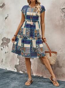 Rusticease Women's Summer Dress With Pattern Print And Short Sleeves - Multicolor - View 4