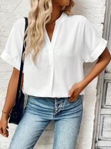 SHEIN LUNE Women's Summer Casual Solid Color Notched Neck Batwing Sleeve Shirt