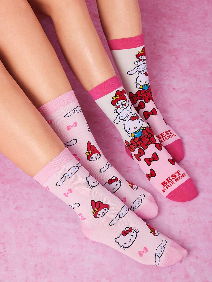 HELLO KITTY AND FRIENDS | SHEIN Women Cartoon Patterned Mid-Calf Socks, 2 Pairs/Pack - Multicolor - View 1
