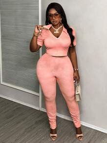 Slaydiva Casual Women's Plus Size Texture Printed V-Neck Collared Slim Fit Split Two-Piece Set - C - Dusty Pink - View 7