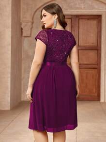 Sequin Lace V-Neck Ruffle Hem Chiffon Cocktail Dress, Suitable For Valentine's Day, Dinner Date, Graduation Ceremony, Homecoming - Maroon - View 3