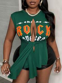 Slaydiva Blusa sin mangas con estampado de letras anudadas y rasgada, para mujeres de talla grande, estilo urbano - Verde - Ver 5