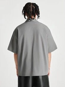 Manfinity RebelGame Men's Loose Embroidered English Pattern Short Sleeve Woven Shirt, Suitable For Summer - Dark Grey - View 7