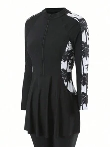 Swim Mulvari Women's Summer Beach Coconut Tree Print Patchwork Burkini Top - Multicolor - View 4