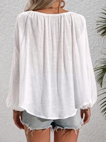 Lunelith SHEIN Lunessa Lace Patchwork Tassel Tie Vacation Lantern Sleeve Blouse Fall Cloth For Women