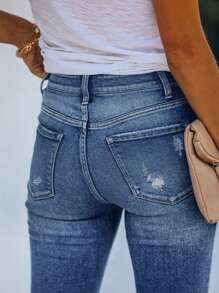 Women's Elastic Single-Breasted Denim Skinny Casual Pants - Medium Wash - View 2