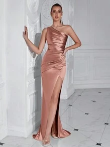 ADYCE Vintage Pleated High Slit Cinched Waist Cocktail Maxi Dress, Suitable For Galas, Graduations, Formal Dinners, Weddings And Other Elegant Occasions. Can Also Be Worn As Wedding Guest Attire, Graduation Dress, Or Ladies' Party Outfit. - Pink - View 8