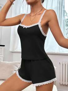 SHEIN Bộ đồ ngủ và quần short viền ren màu tương phản dành cho nữ - màu đen - Xem 5