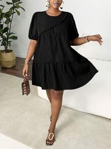 Slaydiva Plus Size Solid Color Loose Babydoll Dress - Black - View 6