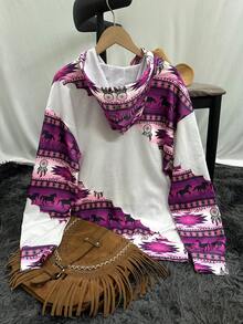 女士休閒時尚連帽圓領運動衫，西部風格，復古花印上衣 - 彩色 - 查看 3