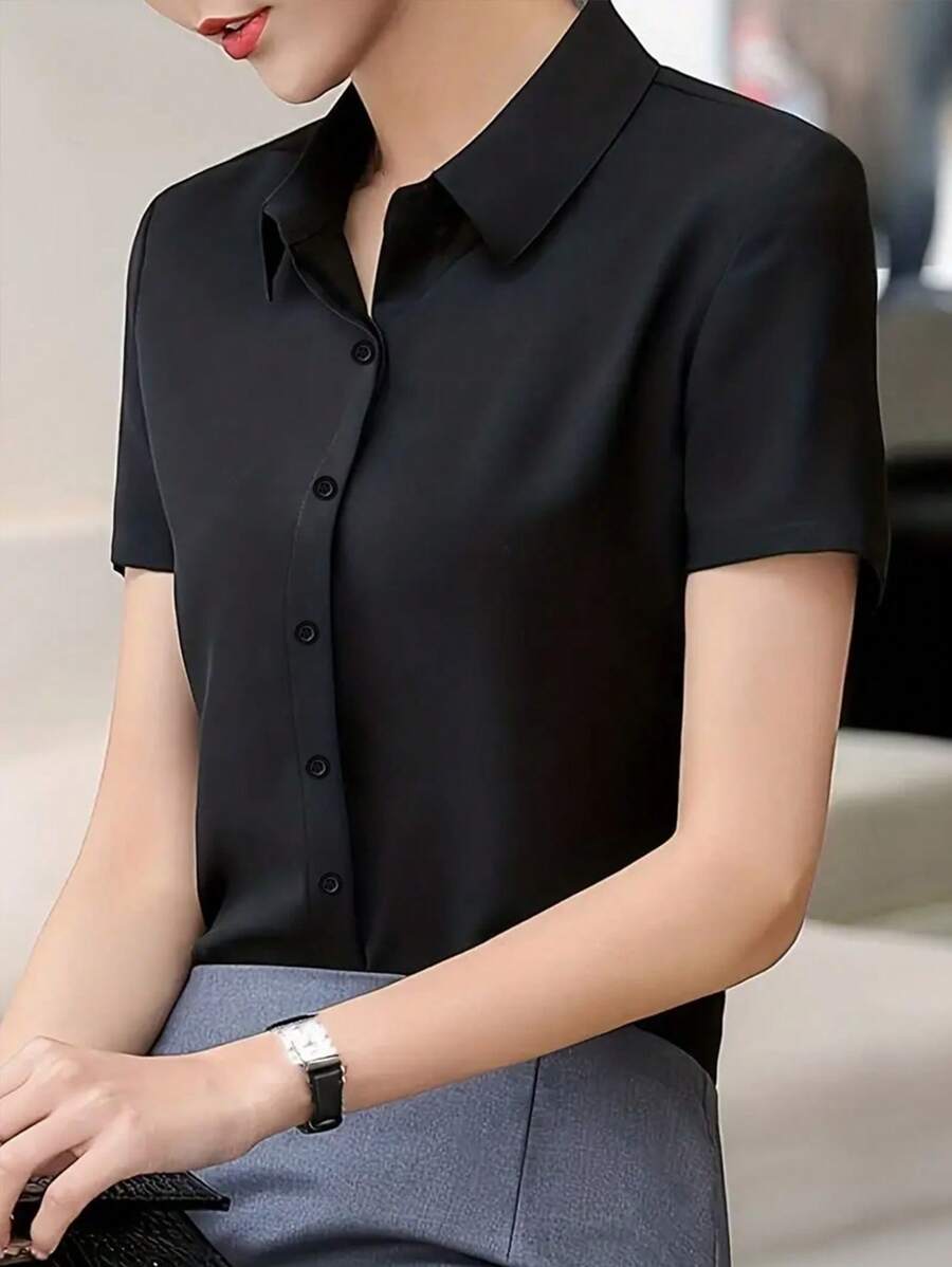 INAWLY Chemise à manches courtes simple de couleur unie quotidienne pour femmes, hauts à manches courtes