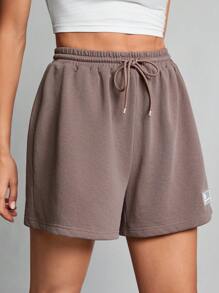 SHEIN Tall Summer Loose And Casual Brown Drawstring Waist Patched Detail Sports Shorts - Grey - View 3