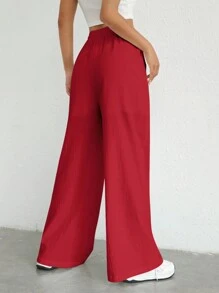 SHEIN EZwear Women's Simple Solid Color Woven Casual Pants For Daily Wear - Red - View 2