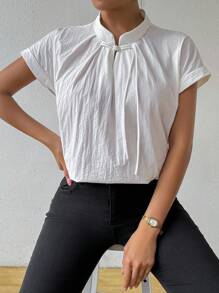 SHEIN Unity Kemeja Wanita Lengan Pendek Kasual Kancing Depan Warna Polos, Musim Panas - MultiWarna - View 3