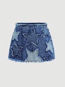 SHEIN Girlism Teen Girls' Y2K Denim A-Line Skirt With Star Patched Faded Frayed And Frayed Hem, Summer Clothes Outfits