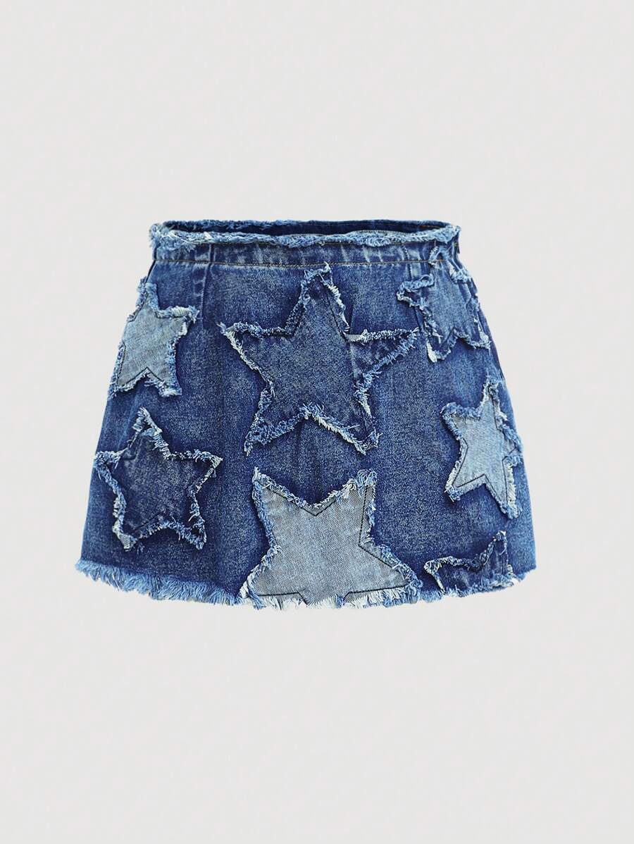 SHEIN Girlism Teen Girls' Y2K Denim A-Line Skirt With Star Patched Faded Frayed And Frayed Hem, Summer Clothes Outfits