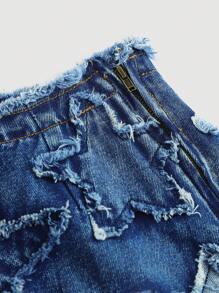 SHEIN Girlism Teen Girls' Y2K Denim A-Line Skirt With Star Patched Faded Frayed And Frayed Hem, Summer Clothes Outfits