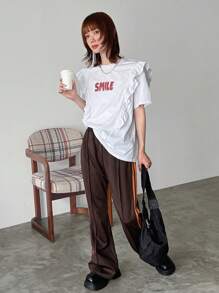 FRIFUL Ladies' Summer Round Neck Short Sleeve T-Shirt With Frill Edging And Letter Print,Ruffle Cute Tops,Graphic Tees