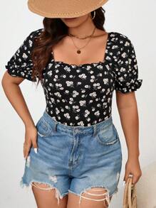 SHEIN Frenchy 大码 Boho Bridgerton 女式随机印花休闲紧身衣，适合日常穿着 Bridgerton 风格，适合夏季 - 彩色 - 查看 4