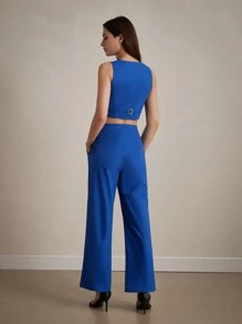 Aveloria Modichic Conjunto de traje de mujer con chaleco de trabajo sencillo, top entallado con cuello en V profundo y pantalones a Set para el trabajo diario