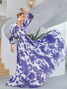 印花燈籠袖繫腰帶連衣裙 - 藍白色 - 查看 1