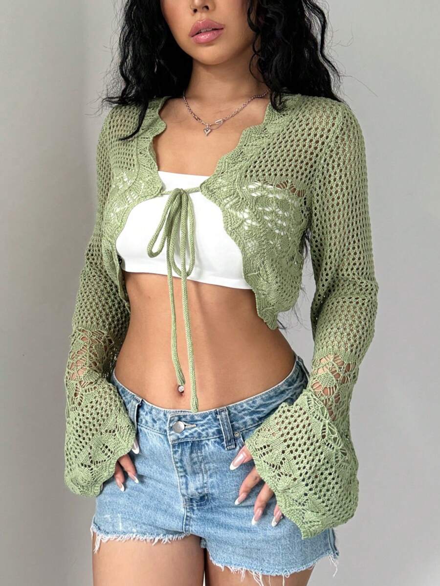 SHEIN Unity Cárdigan corto de punto calado de unicolor de verano casual para mujer, top de manga larga - Verde - Ver 1