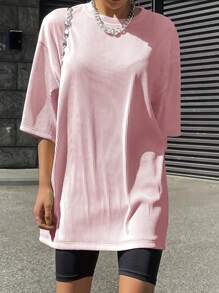 INAWLY 女士夏季寬鬆圓領蝙蝠袖純色休閒T恤 - 粉色 - 查看 4