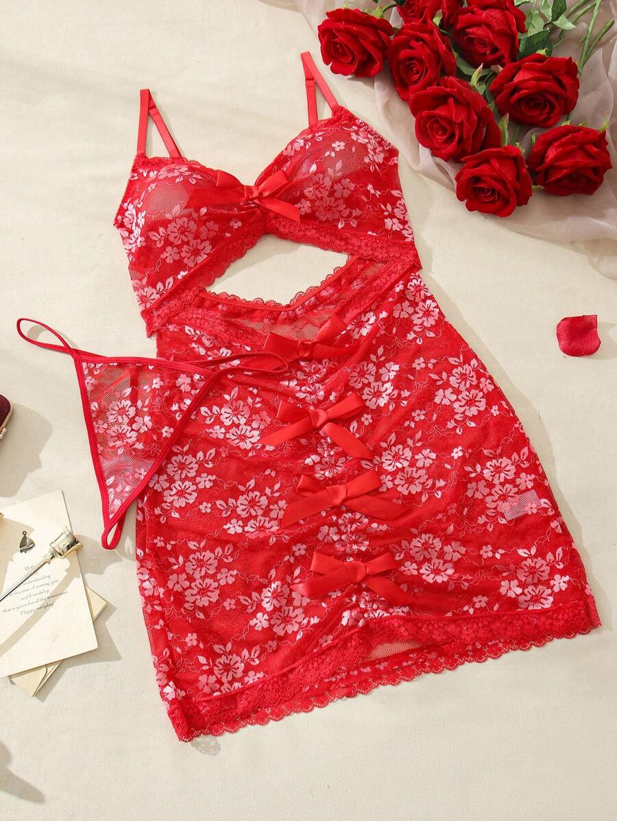SHEIN 女士花朵蕾丝蝴蝶结装饰镂空性感吊带睡衣内衣裙 - 玫紅色 - 查看 1