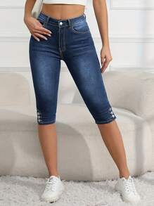 Women's Casual Stretch Skinny Cropped Jeans - 深色水洗藍 - 查看 5