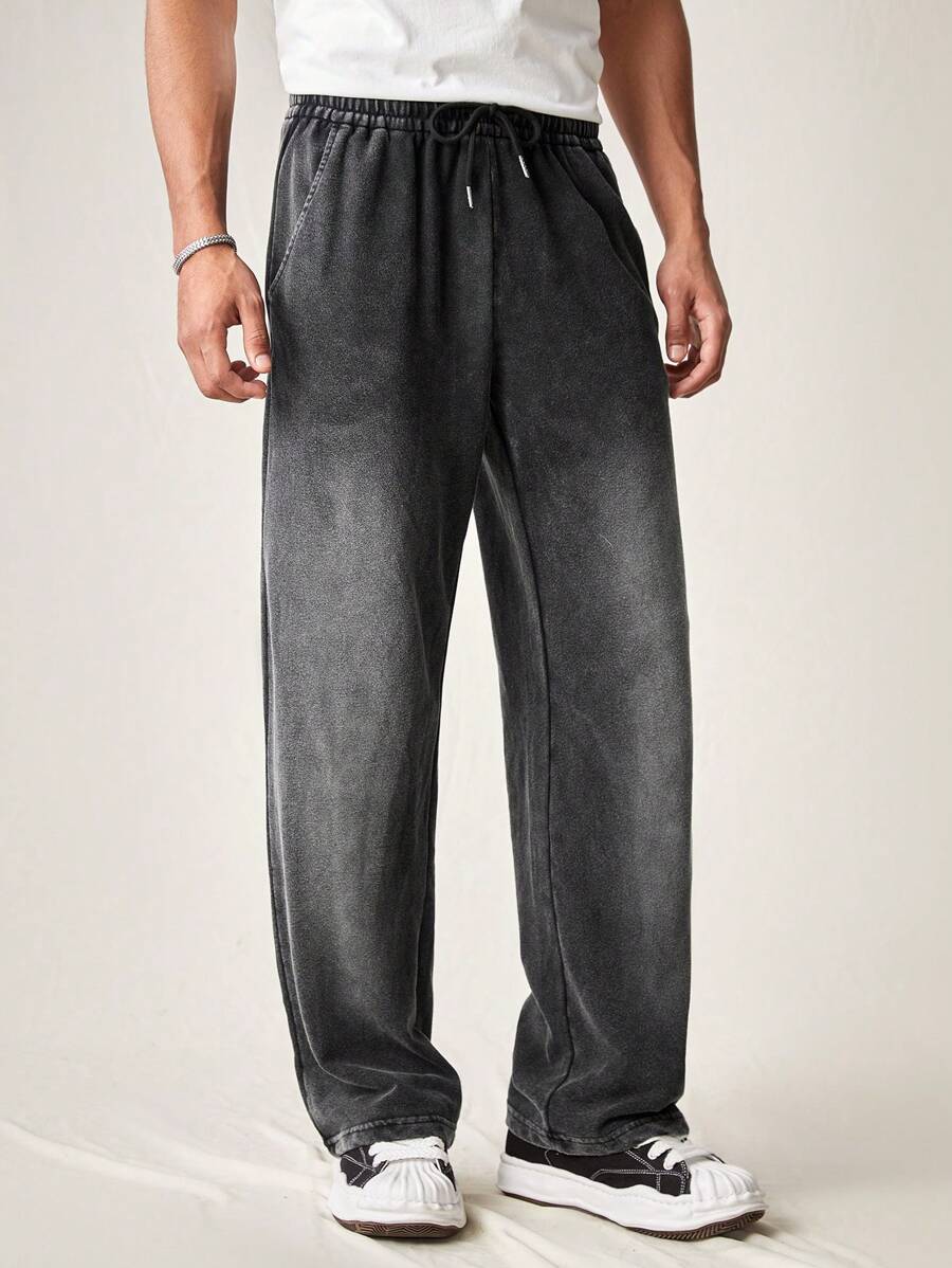 Manfinity VCAY 男士简约宽松针织休闲裤纯色直筒长款抽绳运动裤纯棉我的时代纯色深灰色时尚 - 黑色 - 查看 1