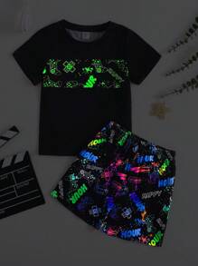 SHEIN Young Boy Night Light Video Game Pattern Casual Comfortable Short Sleeve Shorts Knitted Casual Home Sleepwear 2pcs/Set