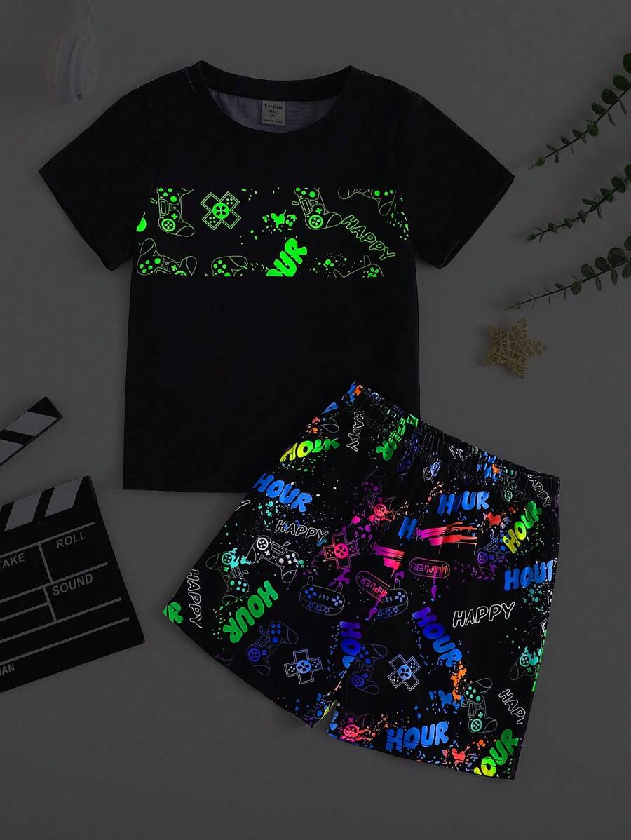 SHEIN Young Boy Night Light Video Game Pattern Casual Comfortable Short Sleeve Shorts Knitted Casual Home Sleepwear 2pcs/Set