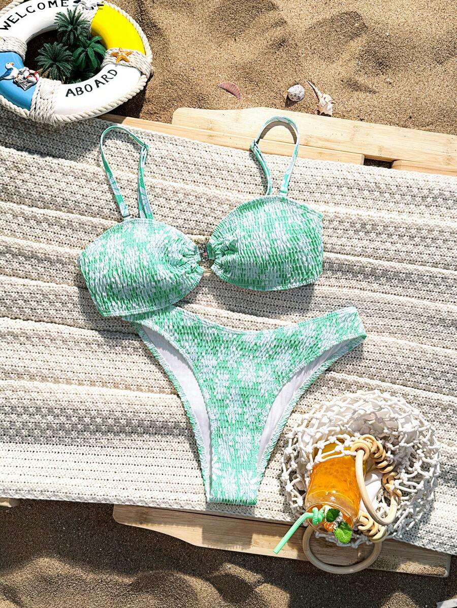 SHEIN Swim Women's Summer Beach Floral Print  Bikini Set, Two-Piece - Mint Green - View 1
