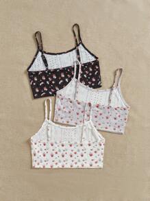 Shein Underwear&Sleepwear Basics Conjunto de pijama de 3 piezas para mujer con top de camisola con estampado floral pequeño