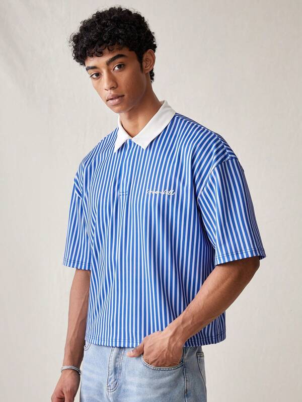 SWAVVY Cămașă polo clasică cu dungi scurte pentru bărbați, la modă, cu guler blocat de culoare, perfect pentru uzura zilnică, uniformă, literă, anii 90, albastru deschis, lucru, epocă, cadou iubit