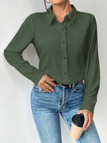 Selianne Ladies' Solid Color Simple Daily Long Sleeve Shirt,Long Sleeve Tops Fall Cloth For Women - Olive Green - View 6