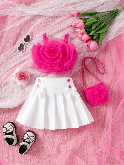 SHEIN 時尚嬰兒女孩 3D 花裝飾背心和裙子套裝