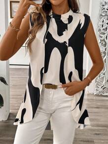 EMERY ROSE Printed Sleeveless Asymmetrical Hem Summer Casual Shirt - Multicolor - View 4