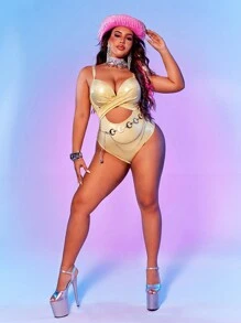 Swim EVENT Plus Size Fashionable Shiny Plain Hollow-Out One-Piece Swimsuit Summer - Gold - View 6