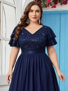 Đầm dạ hội cỡ lớn, cổ chữ V, đính sequin, tay áo cánh bướm, chất liệu chiffon phối màu tương phản, phù hợp cho khách dự đám cưới, sinh nhật, tiệc chiêu đãi, lễ hội và các dịp khác. - Màu xanh hải quân - Xem 8