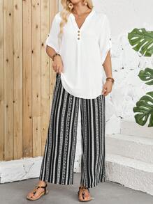 EMERY ROSE 女士夏季長袖襯衫和條紋褲套裝