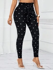 SHEIN Lady 女士黑白波點彈性運動打底褲，女式健身褲 - 黑與白 - 查看 4