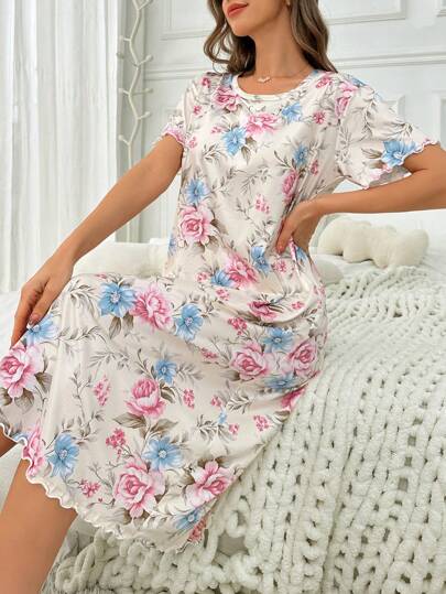 Bloemen Print Crew Neck Short Sleeve Shirt Sleep Dress Pajama Dress, Moo