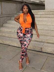 Slaydiva juego de dos piezas para mujeres 'top naranja sin mangas con cuello solapa y pantalones florales coloridos ajustados con correas para vacaciones casuales de verano -F